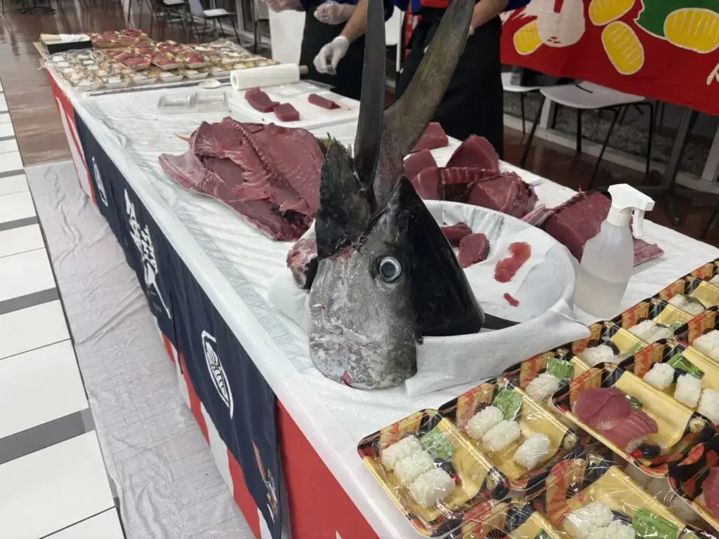 解体台に並べられたマグロと部位ごとに切り分けられた身